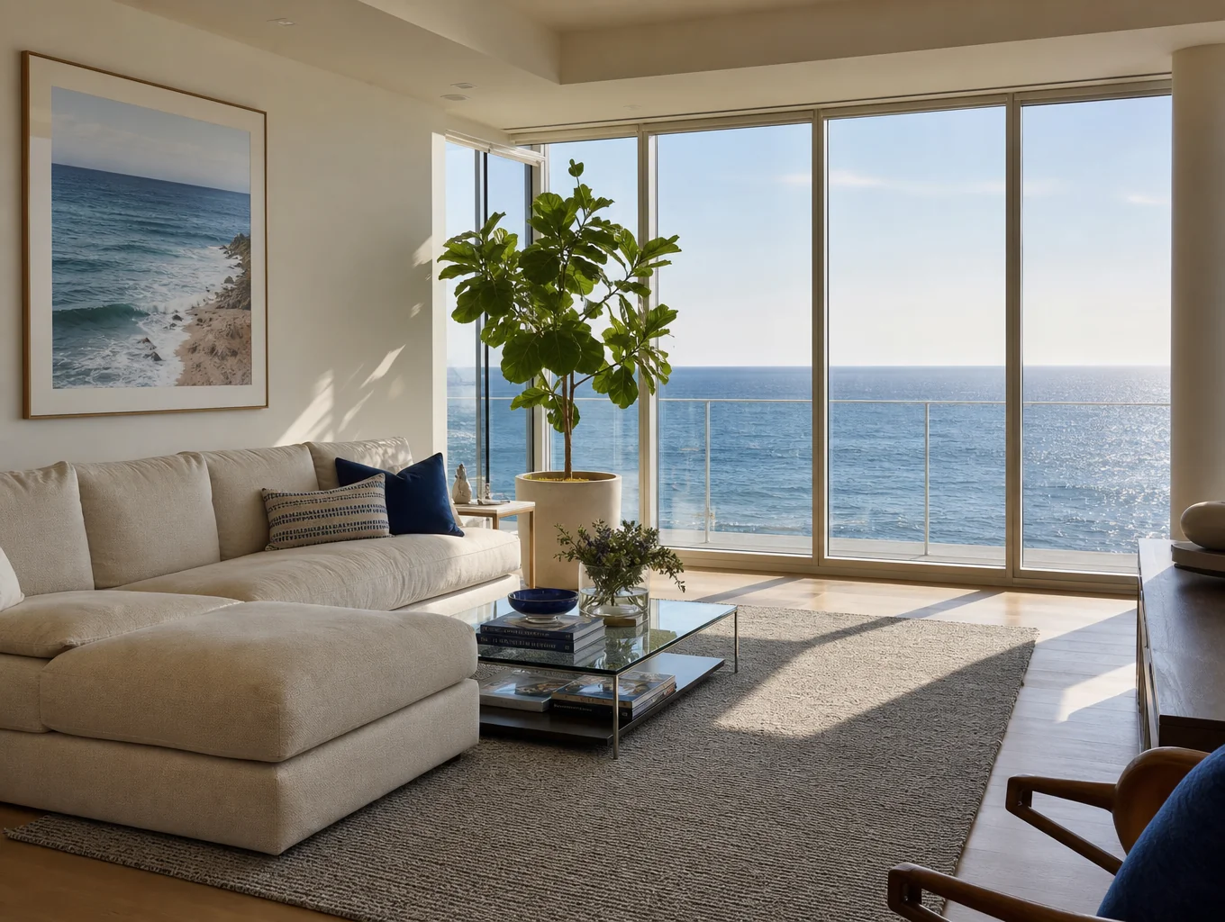 Open concept living room with coastal decor