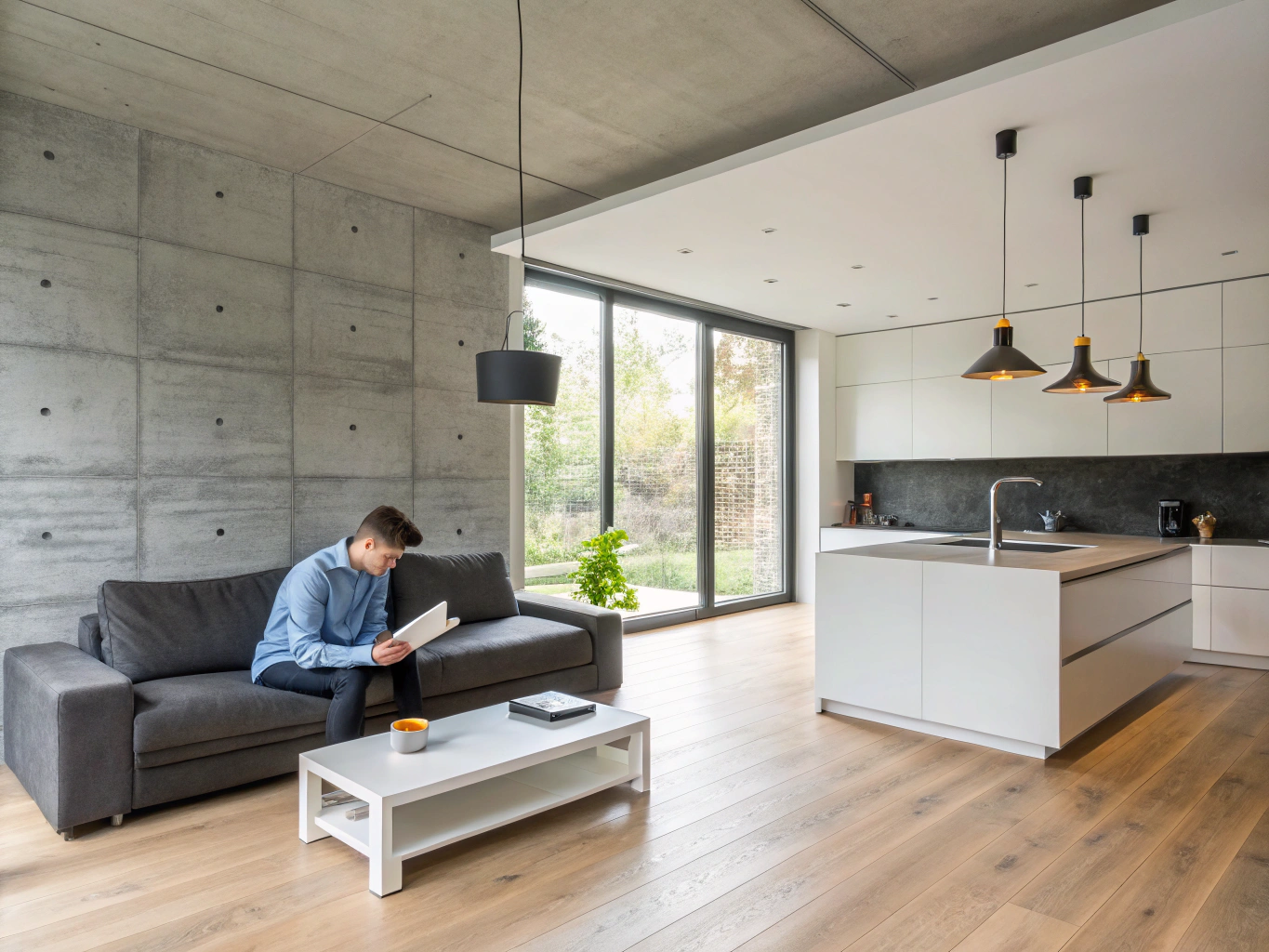 Modernized suburban kitchen and living area